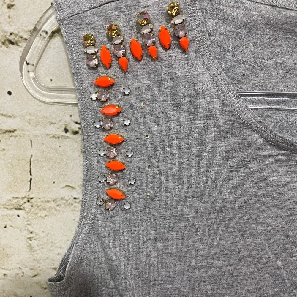 J Crew Gray Orange Jewel Embellished Cotton Tank Top